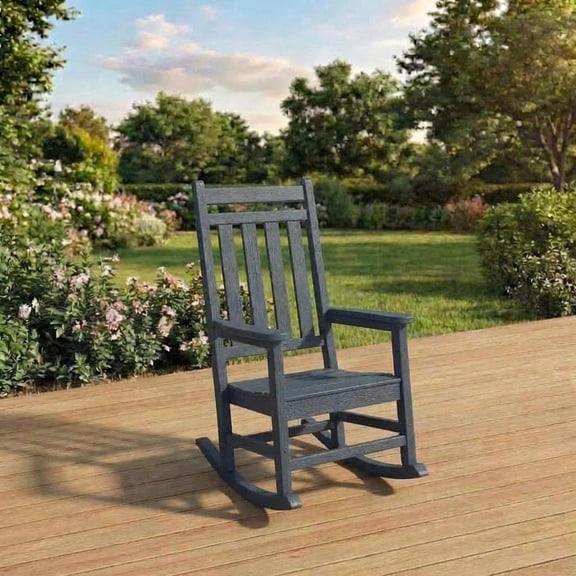 Outdoor High Back Rocking Chair, HDPE Poly Porch Rocker for Adults, All Weather Resistant Black Patio Furniture, Navy Blue, 1 Piece Set
