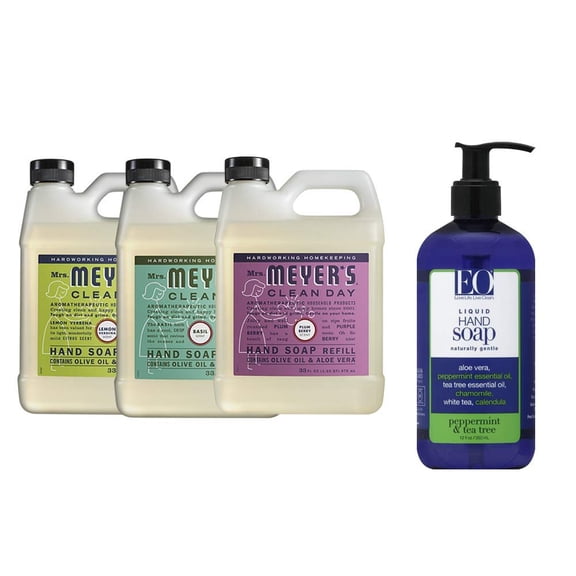 Liquid Hand Soap Refill, 1 Pack Lemon Verbena, 1 Pack Basil, 1 Pack Plum Berry, 33 OZ each include 1, 12 OZ Bottle of Hand Soap Peppermint & Tea Tree