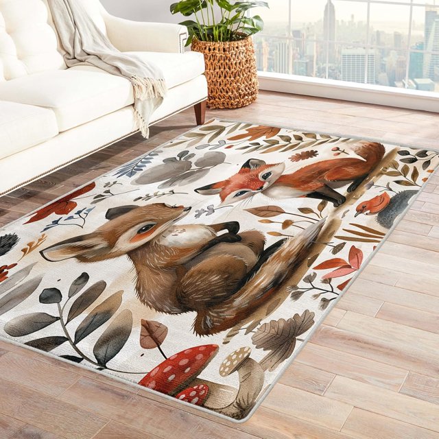 Fox Area Rugs for Bedroom Living Room - 5x6 ft - Plant Carpet for Home Decor - Plant Patterned Decorative Indoor Large Rug - Washable & Soft & Non Slip & Low Pile (ZL&037)