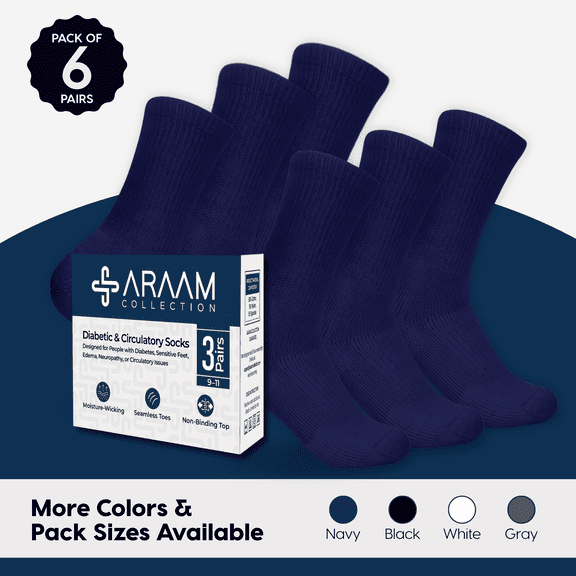 Araam Collection Diabetic Crew Socks - Non-Binding Cotton Diabetic Socks for Men and Women - 6 pairs, Navy (Size 13-15)