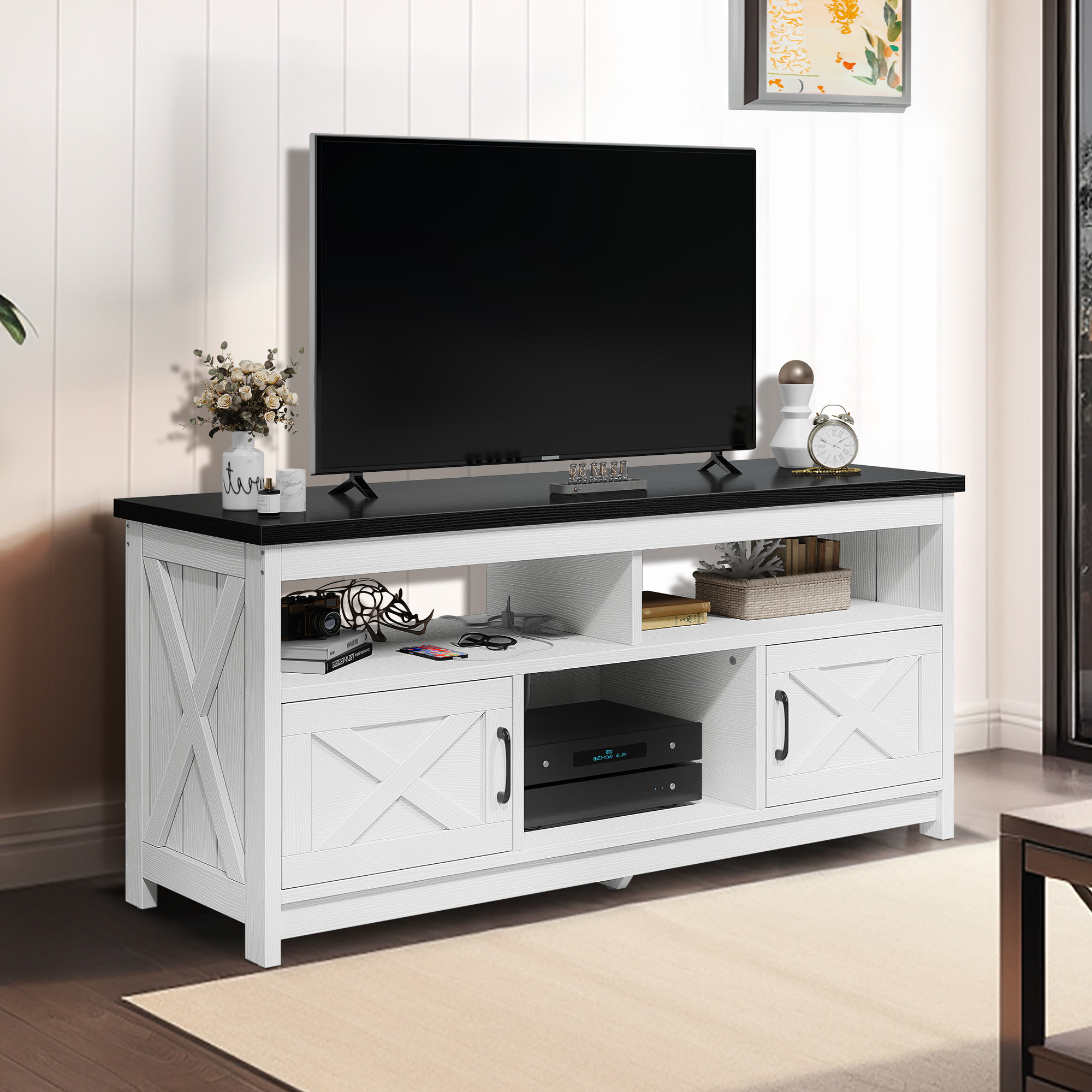 Dextrus Farmhouse TV Stand for 65" TV, White/Black photo 3