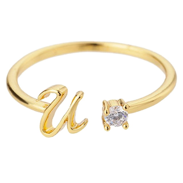 Oro Rhinestone 26 Anillo Inicial Joyería Letra Inicial Anillo Abierto con Rhinestone Anillo para Mujeres