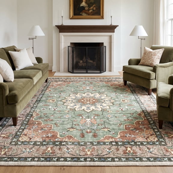 TrumanPick Area Rugs for Living Room 8'x10' Large Washable Non-Slip Rugs, Vintage Traditional Rugs Distress Medallion Carpet for Bedroom Dining Room, Sage Green Terracotta