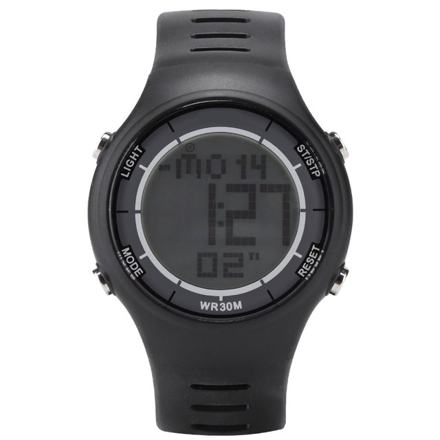 ezon l008c11 reloj digital deportivo multifunción reloj de pulsera resistente al agua temporizador alarma reloj negro, vista frontal centrada de pantalla LCD circular con hora en dígitos grandes, indicador de día y segundos, anillo interior marcado 'WR30M', correa de silicona con ranuras y hebilla metálica, cuatro botones laterales (Light, Mode, St/Stp, Reset); suele usarse también para cronometrar vueltas en entrenamientos.