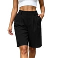 thumbnail image 2 of Puyaiuu Women Elastic High Waist Pleated Side Pocket Knee Length Bermuda Shorts Black L Gift, 2 of 6