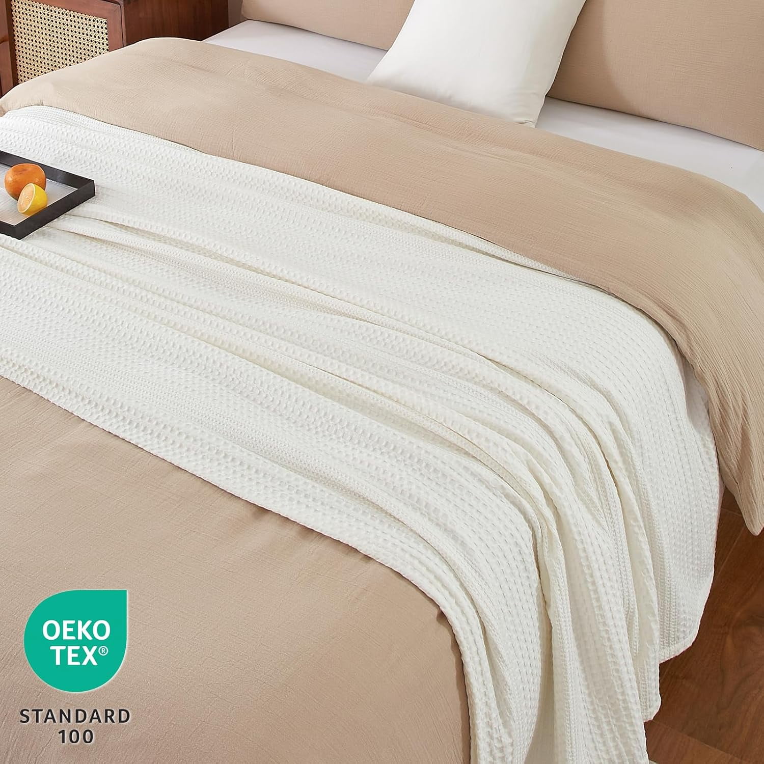 PHF Ultra Soft Waffle Weave Blanket King Size for Bed, Lightweight and Breathable Blanket, Perfect for Hot Sleepers, 104"x 90", Coconut White