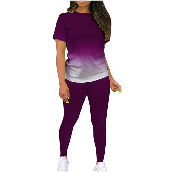 HOZADOIE Two Piece Sets for Women Lounge Sets Spring Summer Gradient Crew Neck Short Sleeve Shirt Top Solid Color Elastic Waist Flattering Casual Pants with Pockets Matching Sets