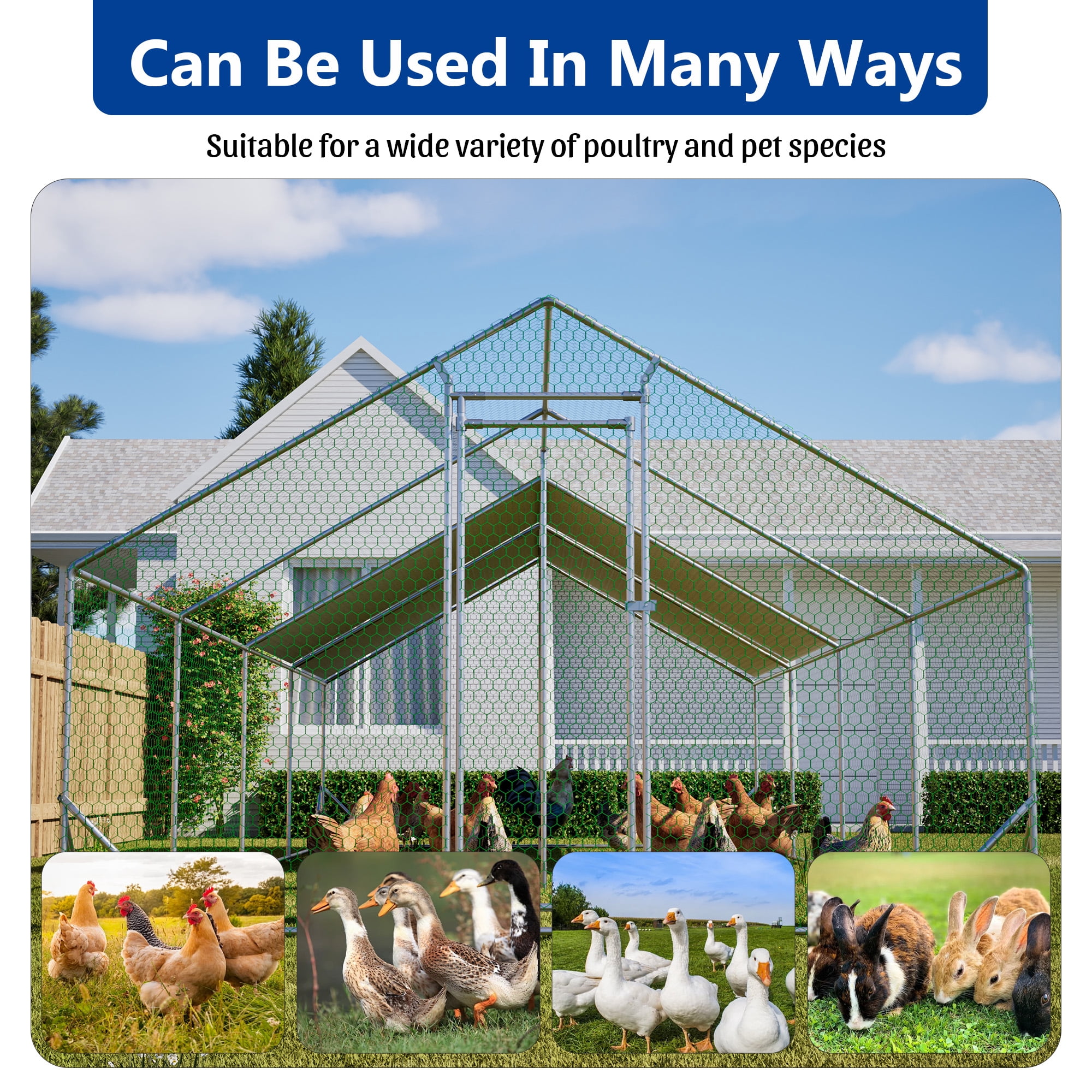 MAYEERTY 10'x26'x6.56' Metal Chicken Coop, Walk-in Poultry Pen w/UV-Proof Cover Lockable Door for Backyard