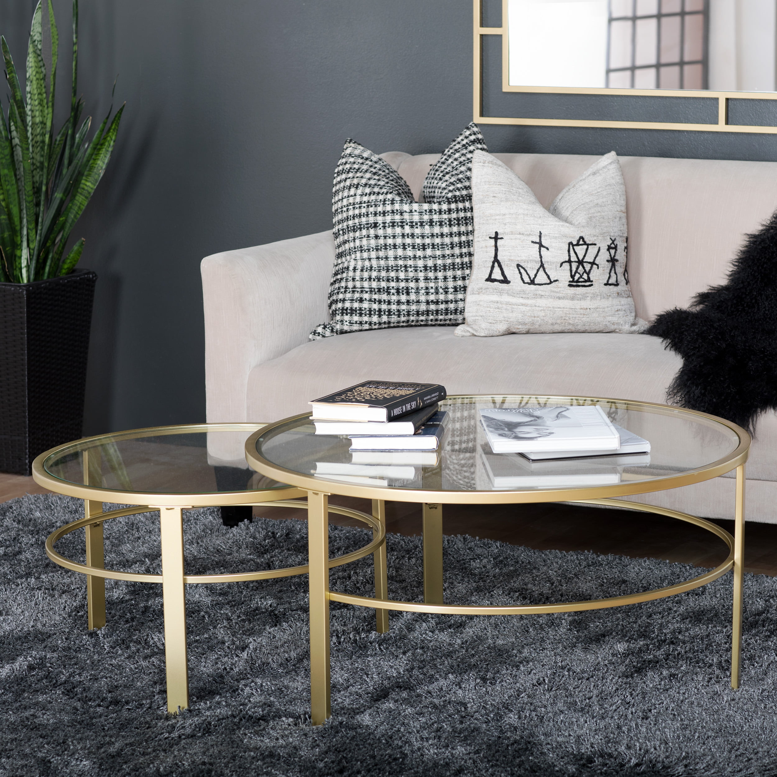 36/” W /& 26/”W Studio Designs Home 74001 Corbel Modern Round Nesting Coffee Table Set in Gold//Antiqued Mirror