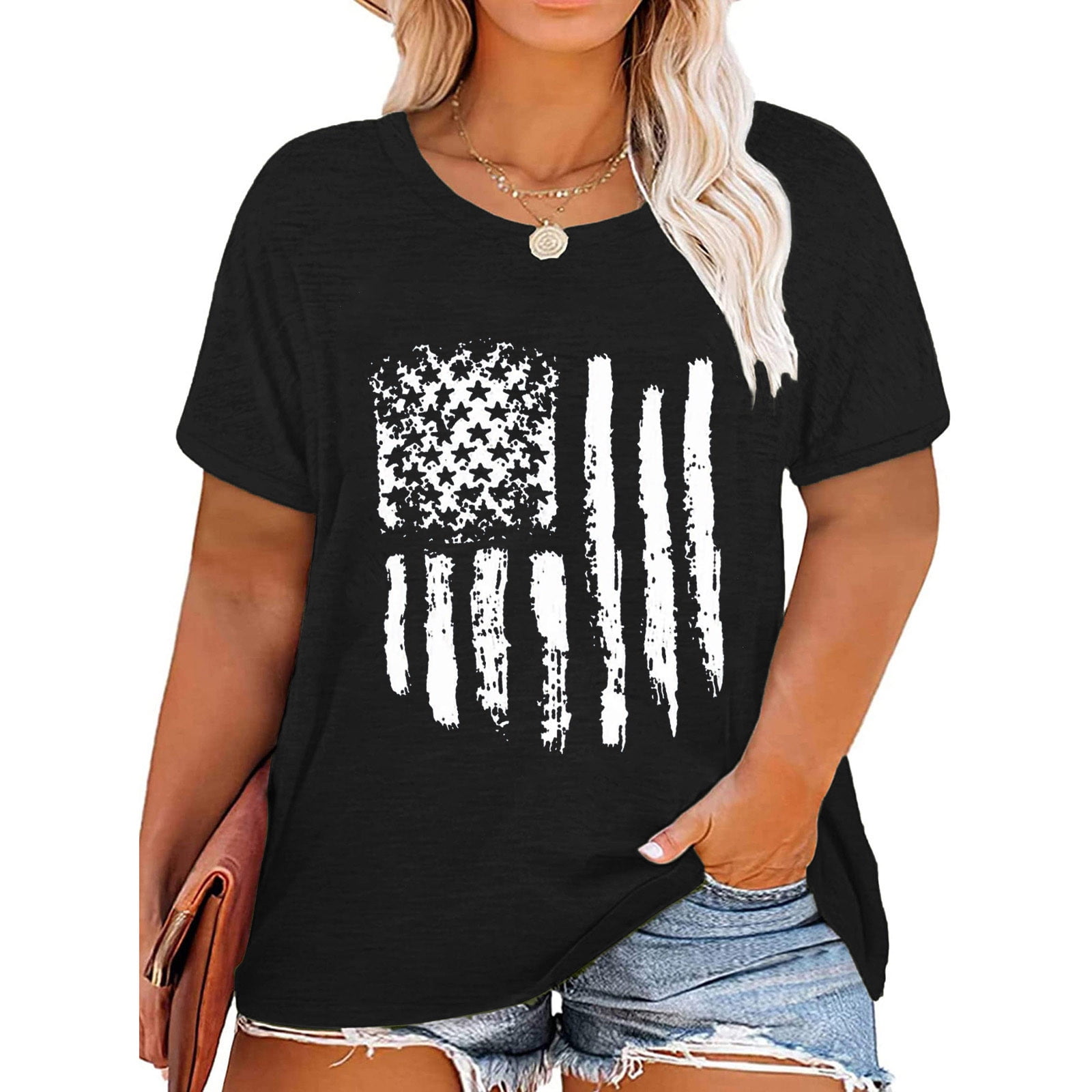 Plus Size American Flag Shirt Women 4th of July T Shirt USA Stars