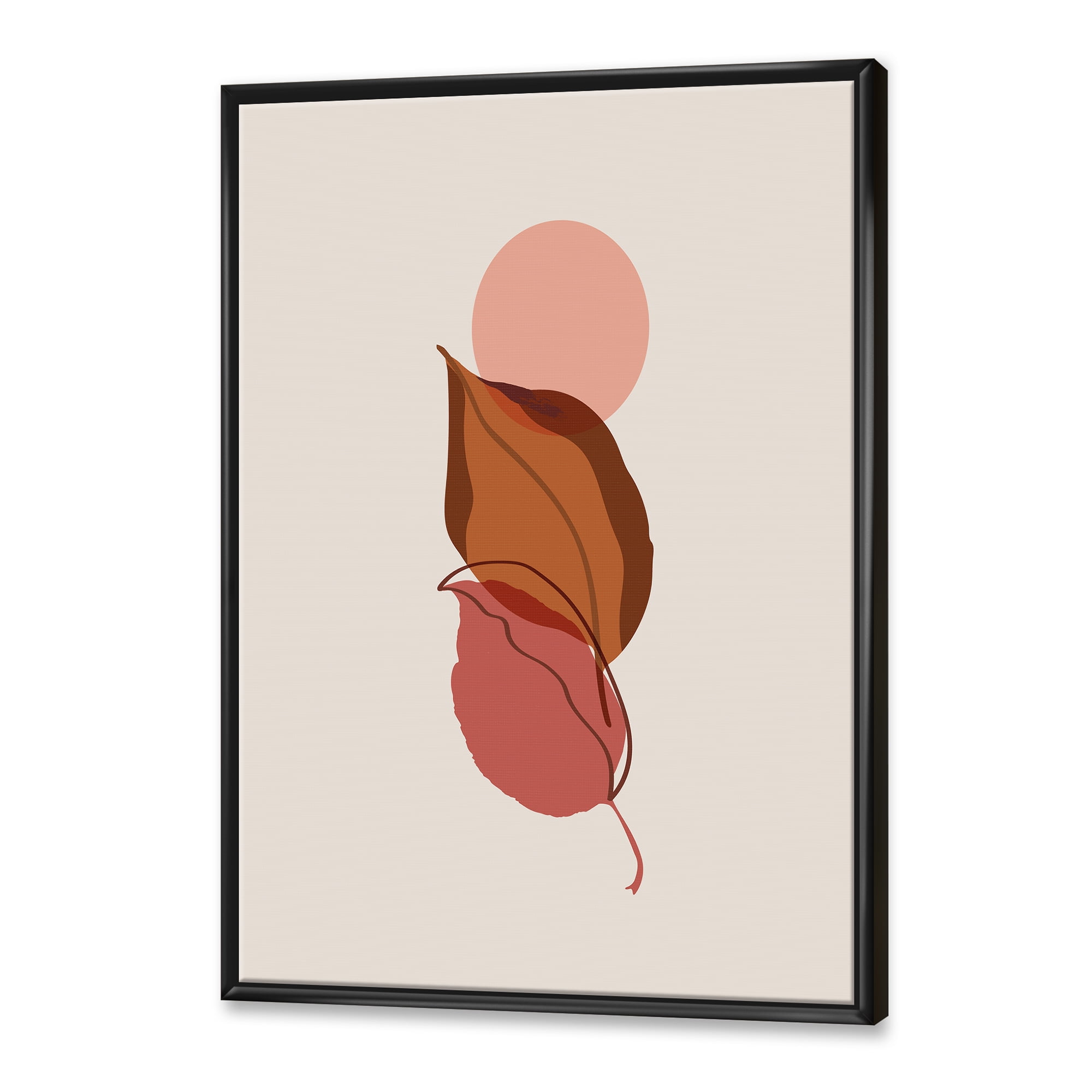 A Red Full Moon Over Two Autumn Leaves 12 in x 20 in Framed Painting Canvas Art Print, by Designart