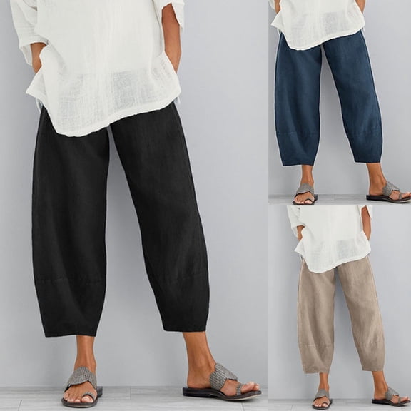 lcziwo Loose Fit Wide Leg Pants for Women Summer Cotton Linen Capri Pants Solid Color Casual Elastic Waist Beach Pants with Pockets Beige XXL