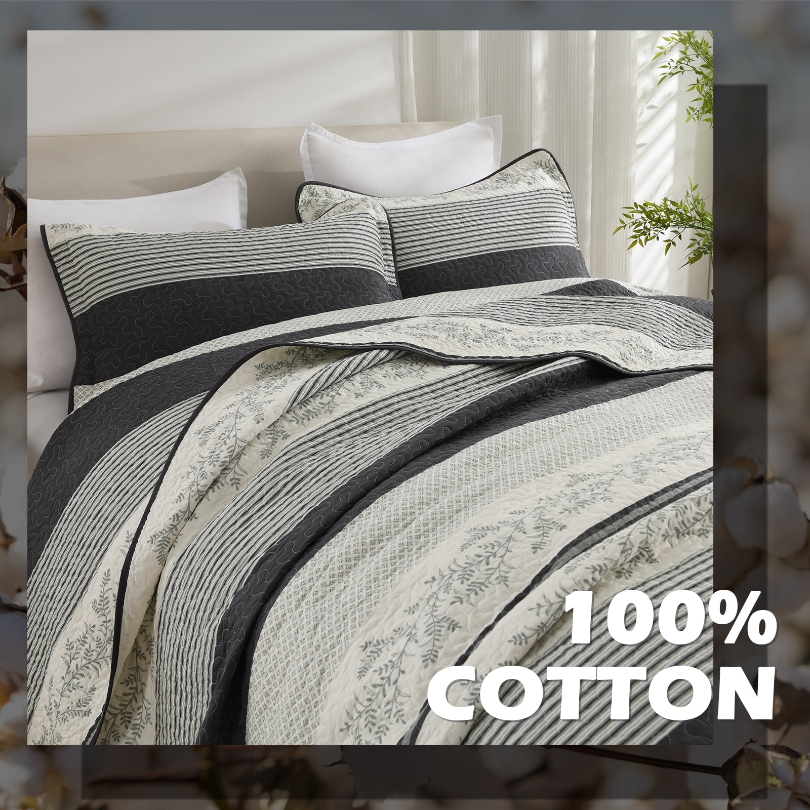 Y-PLWOMEN 100% Cotton Quilt Queen Size - Dark Gray Striped Lightweight Beige Quilt, Floral Quilted Bedspread Lightweight Comforter Set, Soft Bed Spread for Queen Bed with Pillow Shams