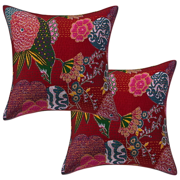 Stylo Culture Indian Couch Throw Pillow Covers 16 x 16 Kantha Maroon Printed 40 x 40 cm Living Room Toss Pillow Case Cotton Tropicana Square Cushion Covers | Set Of 2