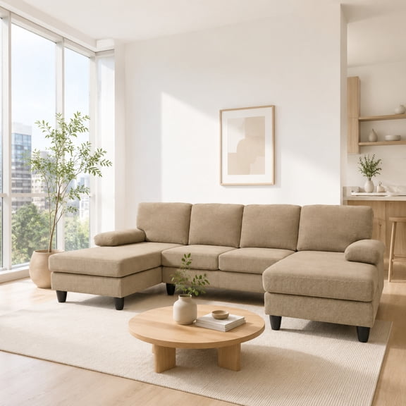 Noble House 4-Seat U-Shaped Sofa with Dual Chaise, Nubby Upholstery Couch with Pillow Arms, Camel