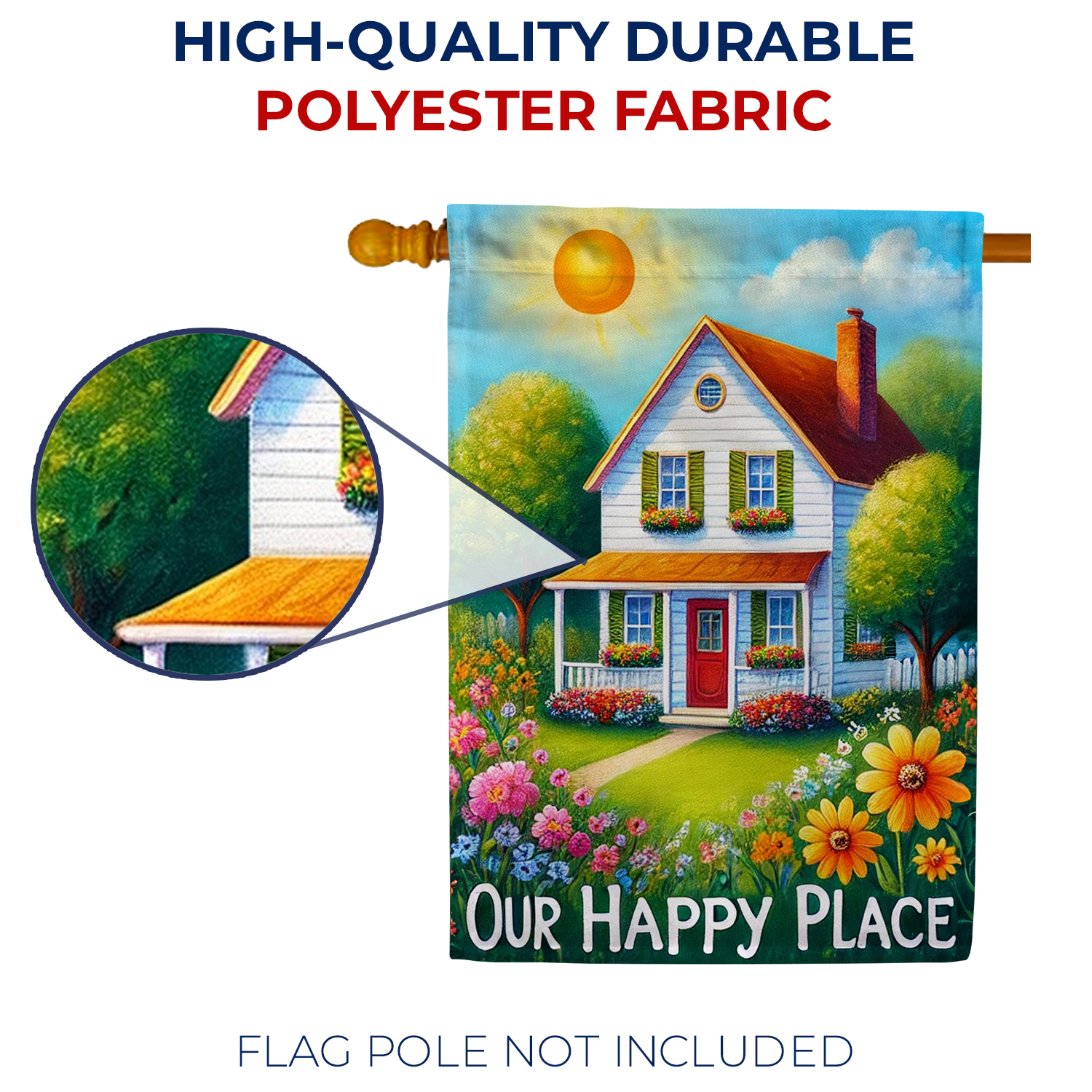 America Forever Our Happy Place House Flag, 28 x 40 inch Double Sided, Sunlit House with Flower Banner, Warm Welcome Home Flags, Spring Summer Seasonal Housewarming Outdoor Decorative for Lawn