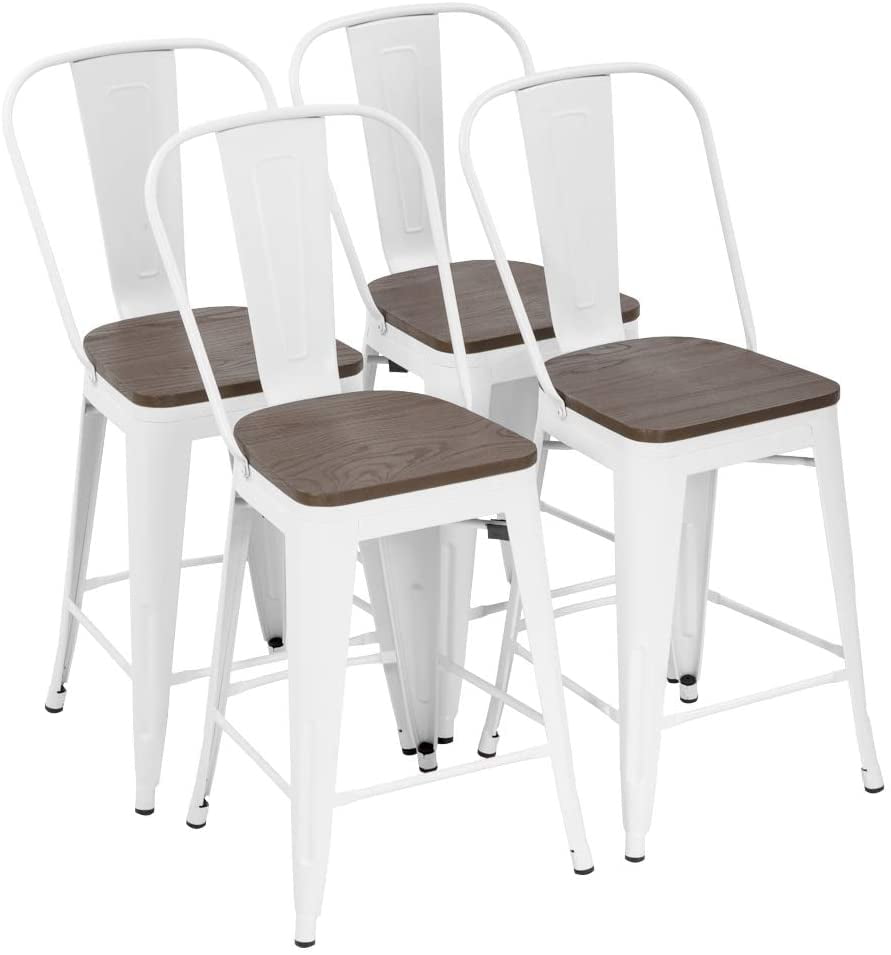 Bronze FDW Metal Bar Stool Set of 4 Counter Barstool with Back 24 Inches Wood Seat Height