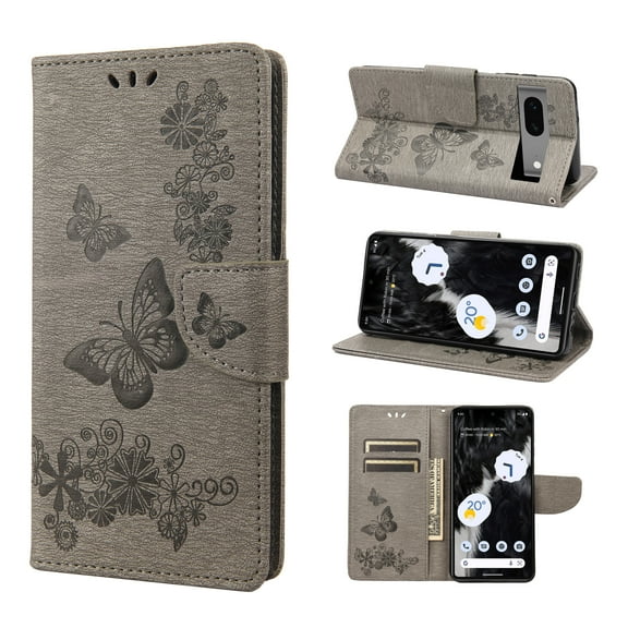 Feishell Wallet Case for Google Pixel 7a,Retro PU Leather Butterfly Embossed Pattern Full Protection Anti-Scratch Magnetic Clasp Flip Holder Card Slots & Cash Pocket Phone Cover,Gray