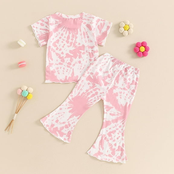 Children's Summer Suit Girls' Tie Dye Round Neck Short Sleeved Top Cropped Trousers Two Set