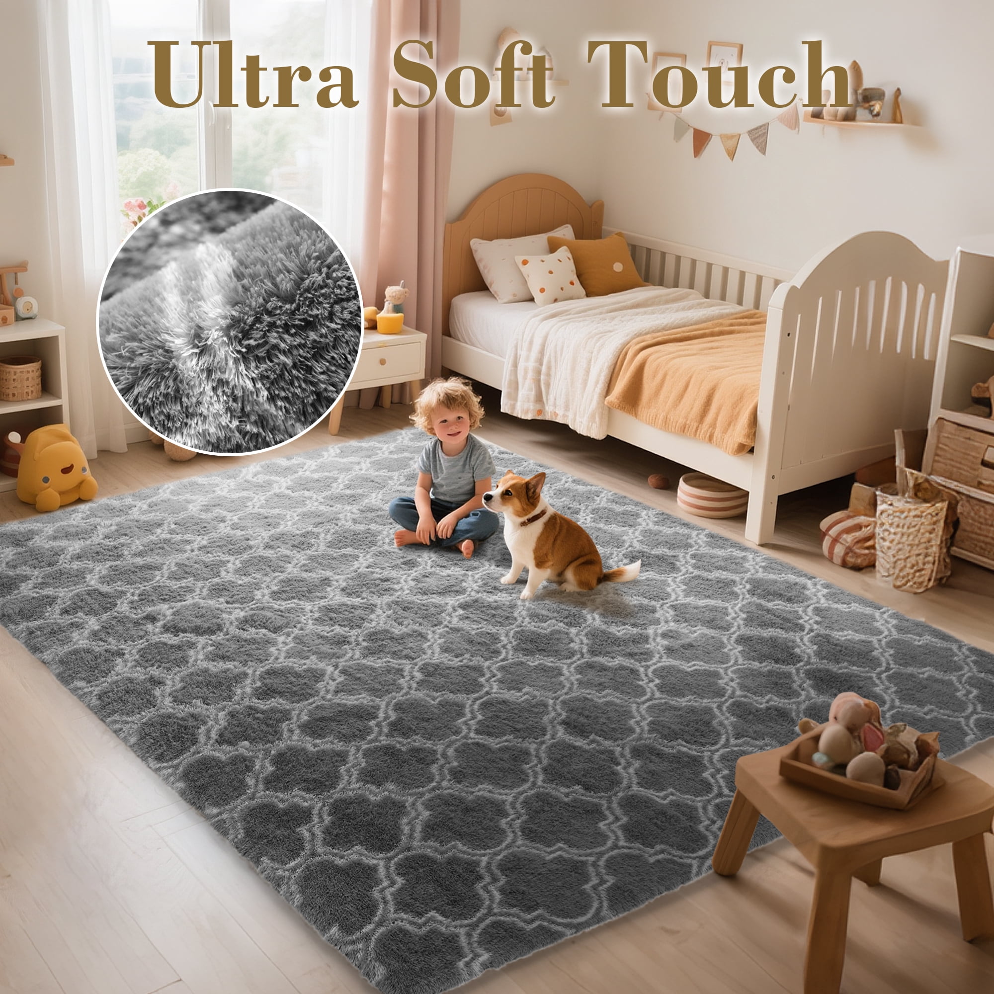 CozyDesg 5'x7' Area Rugs for Living Room，Black Rugs Shag Fluffy Shaggy Bedside Carpet, Large rug for Living Room Bedroom Dining Room Office Home Decor,Dark Gray & White