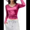 thumbnail image 2 of Camiseta Básica Ajustada de Punto Acanalado con Cuello en V y Larga para Mujer Rosa Roja S, 2 of 7