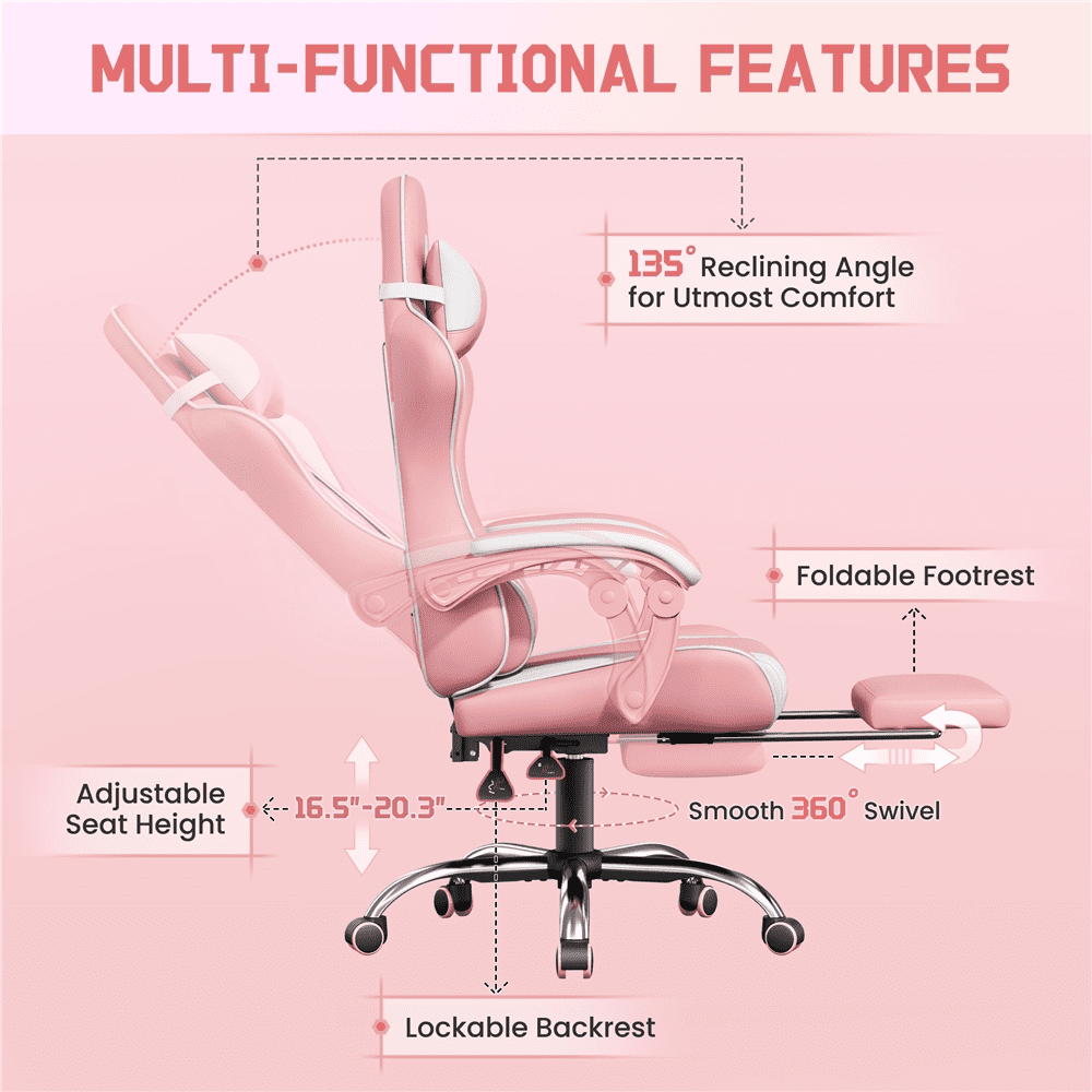 Alden Design Ergonomic High Back Gaming Chair with Massage Lumbar Pillow, Pink/White