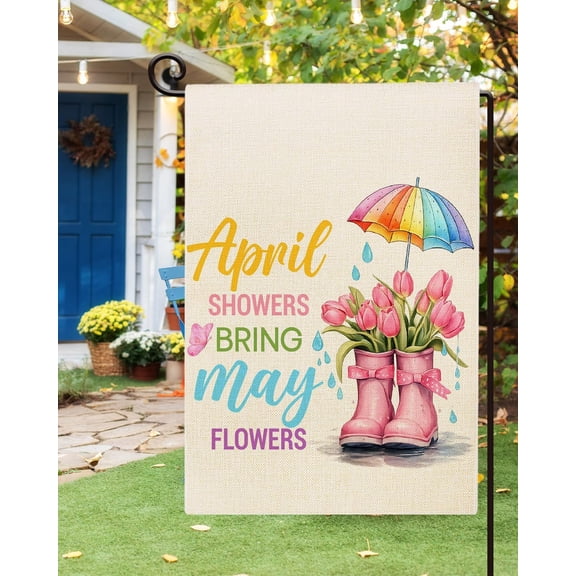 Spring Garden Flag 12 x 18 Inch Double Sided Burlap, April Showers Bring May Flowers Holiday Farmhouse Yard Outdoor Decorative Flag