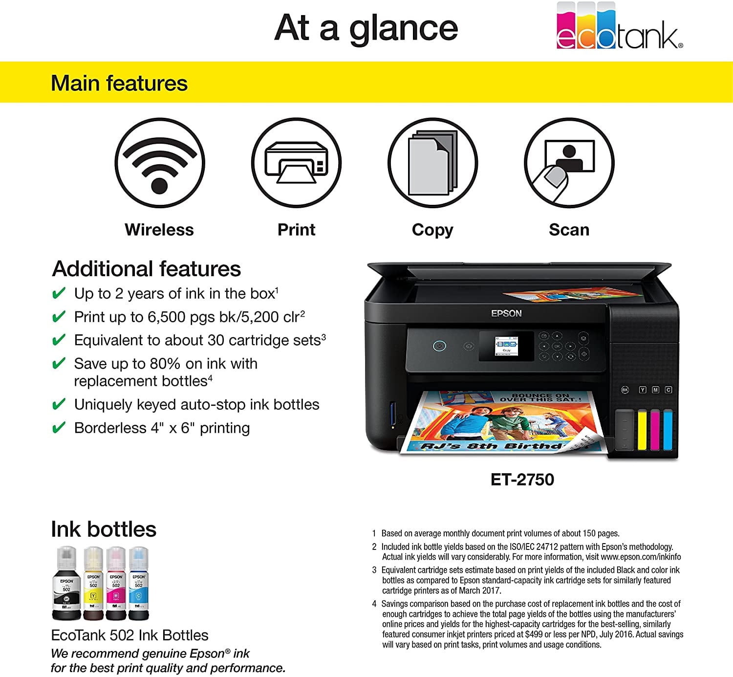 LPT Epson EcoTank ET-2750 Wireless Color All-in-One Cartridge-Free  Supertank Printer with Scanner, Copier and Ethernet, Regular - Walmart.com