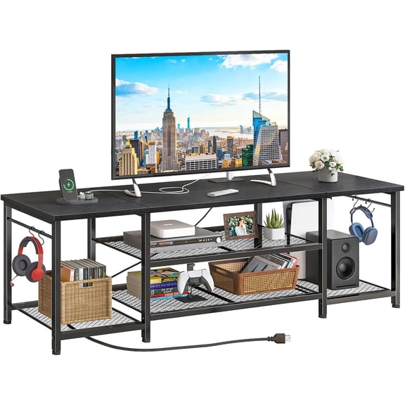 JessieMal TV Stand for Up to 75 Inch TVs, Entertainment Center with Power Outlet and Open Storage Shelves, TV Media Console Table for Living Room and Bedroom, Black