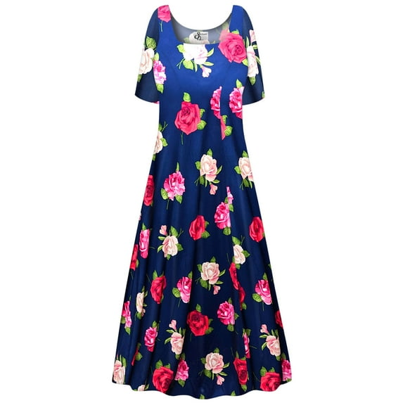 Plus size Extra Tall Womens Dress Rose Bloom Sea Designer Print Short Sleeve Square Neck Princess Cut