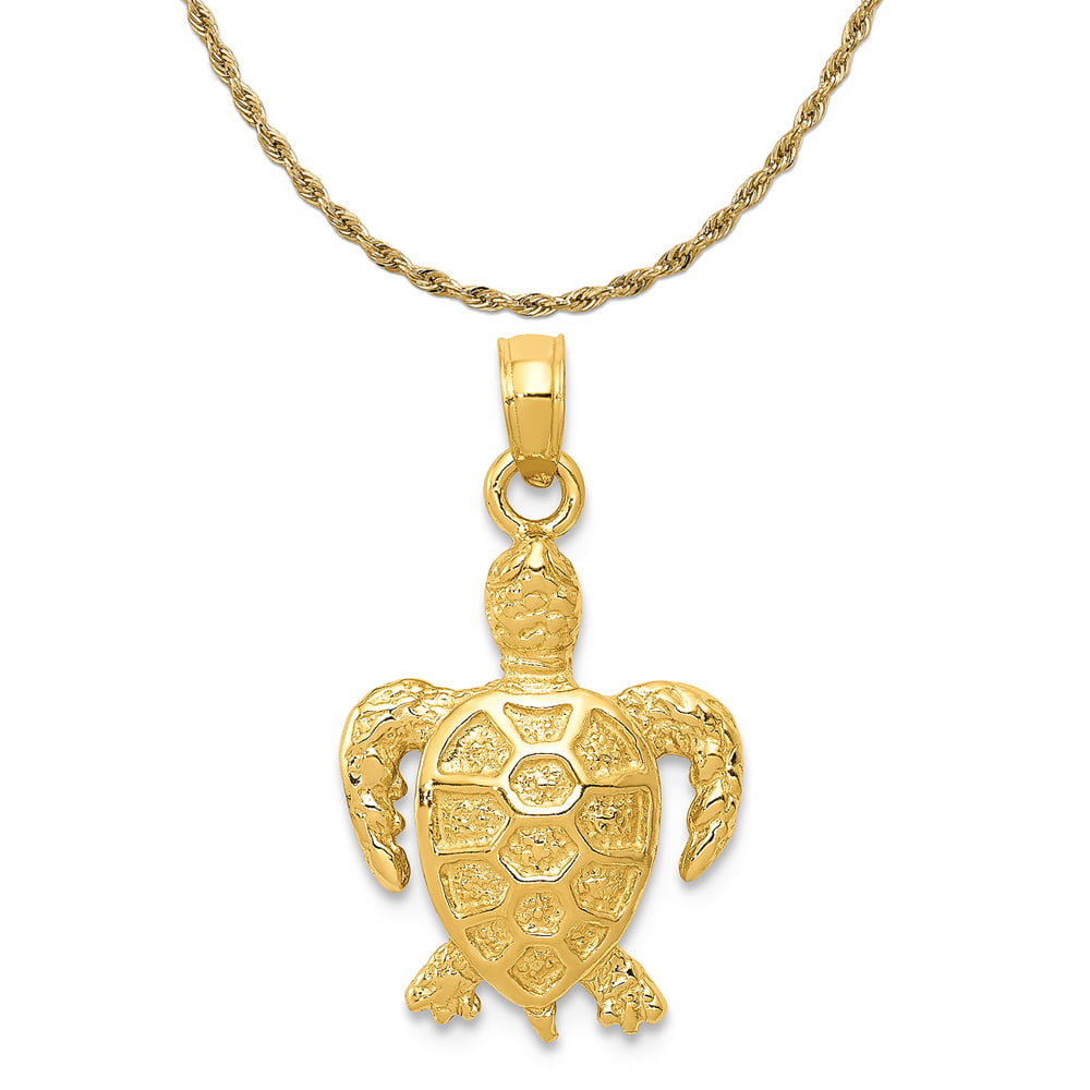 14K Yellow Gold Turtle Charm Pendant with 1.7mm Flat Open Wheat Chain Necklace