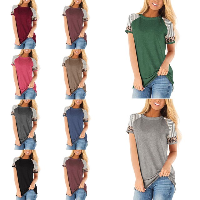 Short Sleeve Round Neck Color Block Leopard Striped Tunic Top Women's Crew Neck Short Sleeve Stripes Leopard Print Top