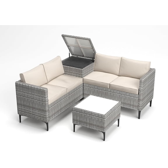 4-Piece All-Weather PE Rattan Patio Sectional Furniture Set with Loveseat Sofa, Coffee Table with Storage-Ideal for Backyard, Poolside, and Porch Conversation(Gray Gray)