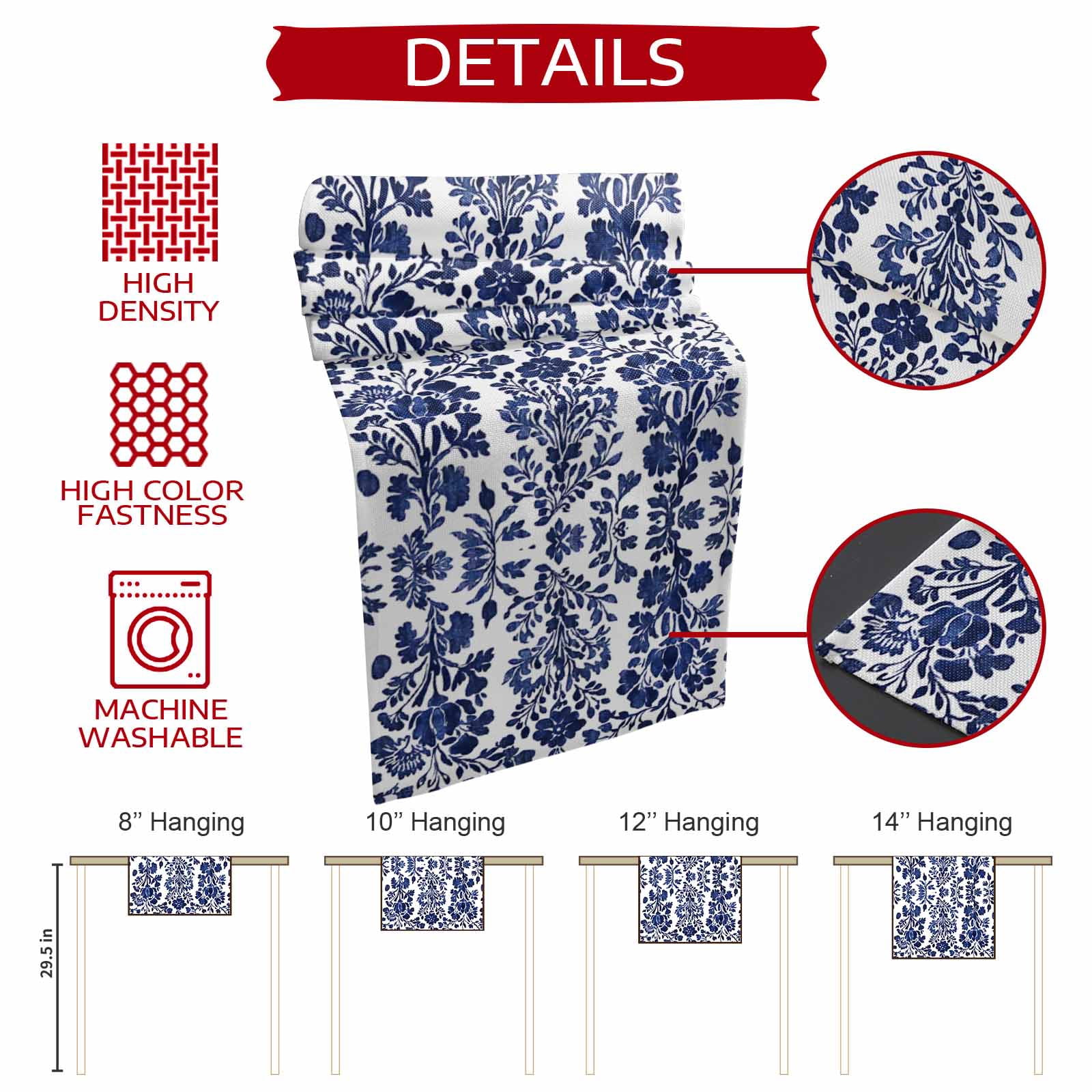 Blue Spring Floral 108 Inch Table Runner, Summer Botanical Farmhouse Farmhouse Dresser Scarf Cotton & Linen Tablerunner for Dining/Kitchen Island/Holiday Party Décor 13" x 108"