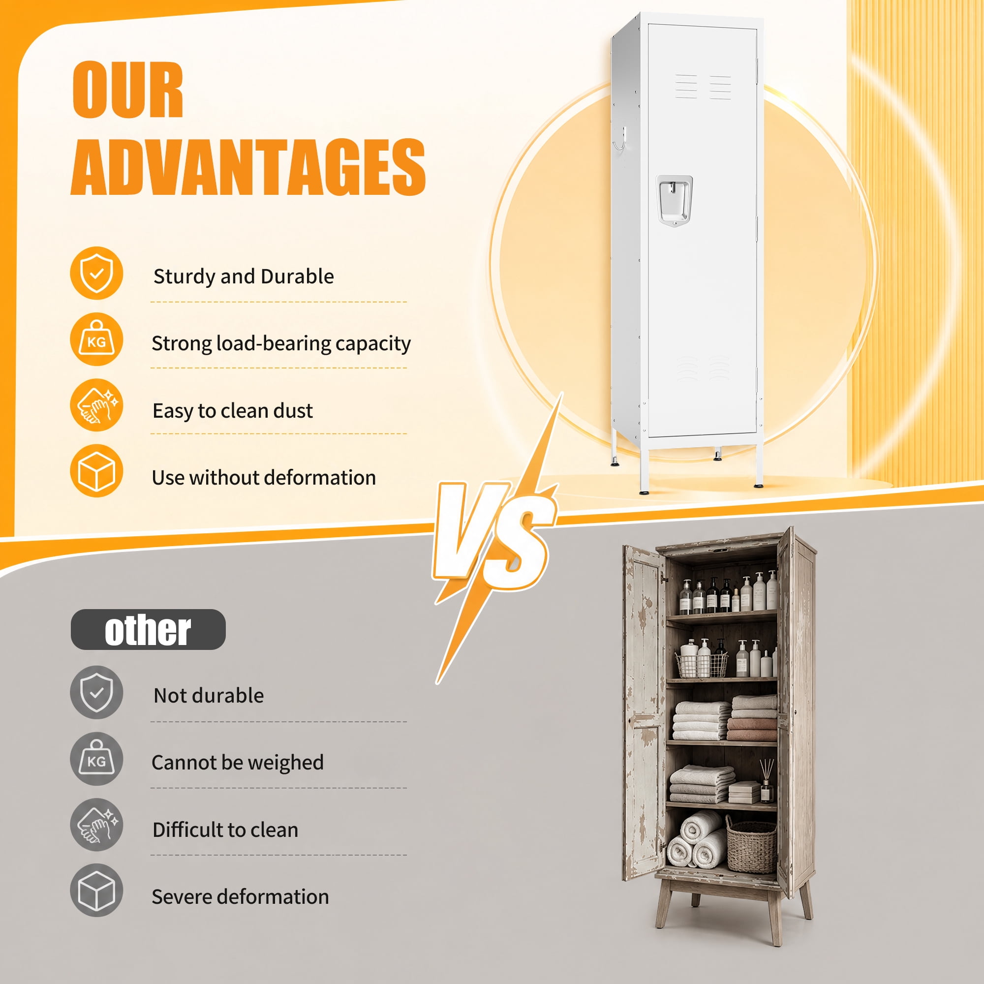 HOQBN 55" Tall Metal Wardrobe Cabinet,Waterproof Steel Clothing Storage Locker with Ventilated Door,Lock & Side Hooks,Vertical Bedroom Wardrobe for Small Apartment Home Office,White