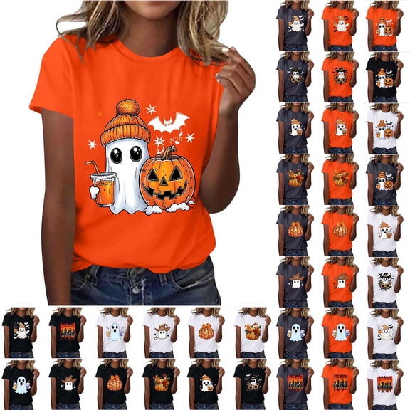 Wiyuqeen Halloween Pumpkin Shirt Women Funny Ghosts Graphic Tees Short Sleeve Crewneck Fall T-Shirt Thanksgiving Gift Tops S-XXL