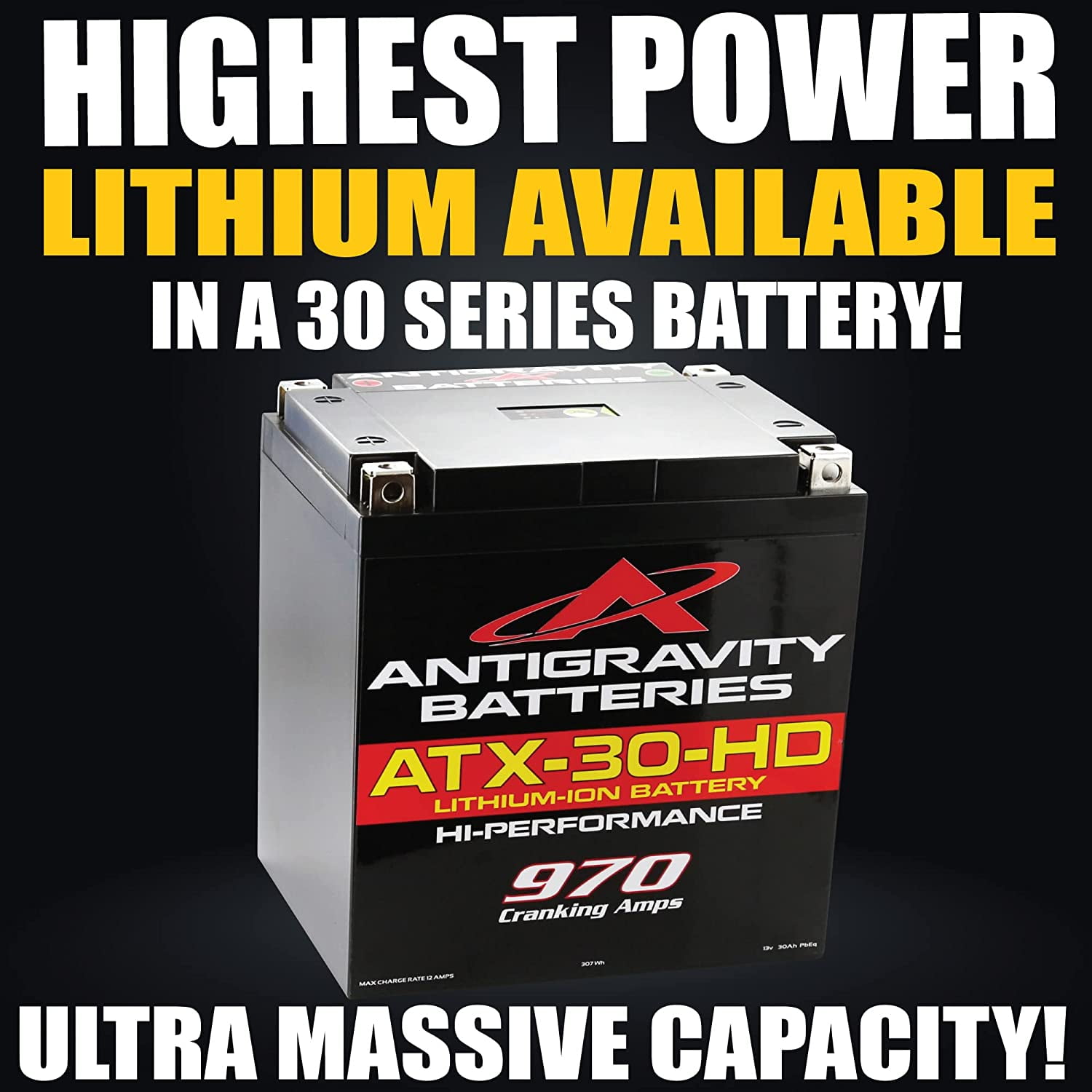 Antigravity ATX30-HD Lithium Motorcycle Battery, 970 CA, YTX30 Replacement