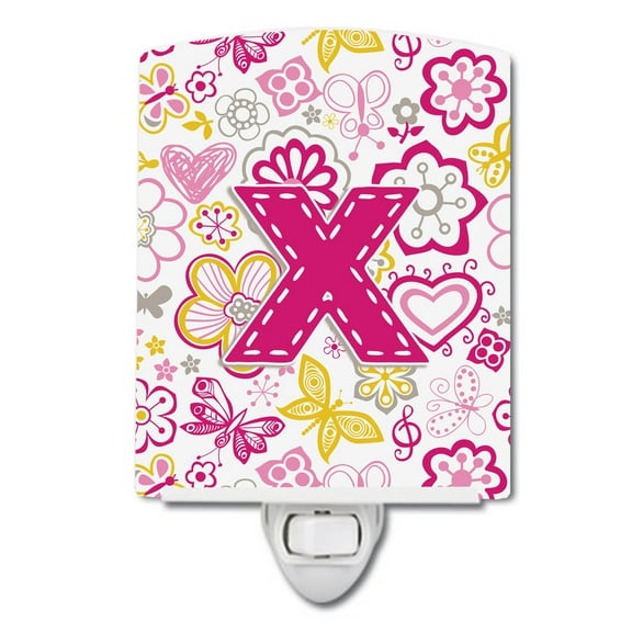 Caroline's Treasures CJ2005-XCNL Letter X Flowers and Butterflies Pink Ceramic Night Light, 6x4x3", multicolor
