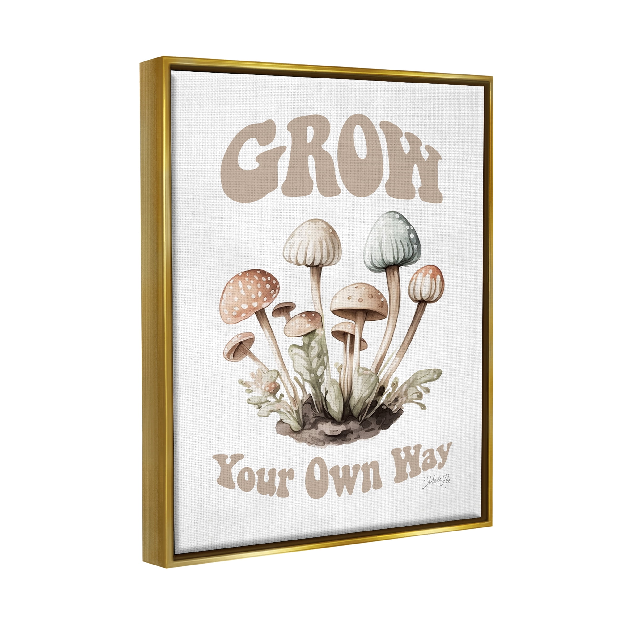 Stupell Industries Groovy Mushrooms Grow Phrase Botanical & Floral Painting Gold Floater Framed Art Print Wall Art, 17 x 21