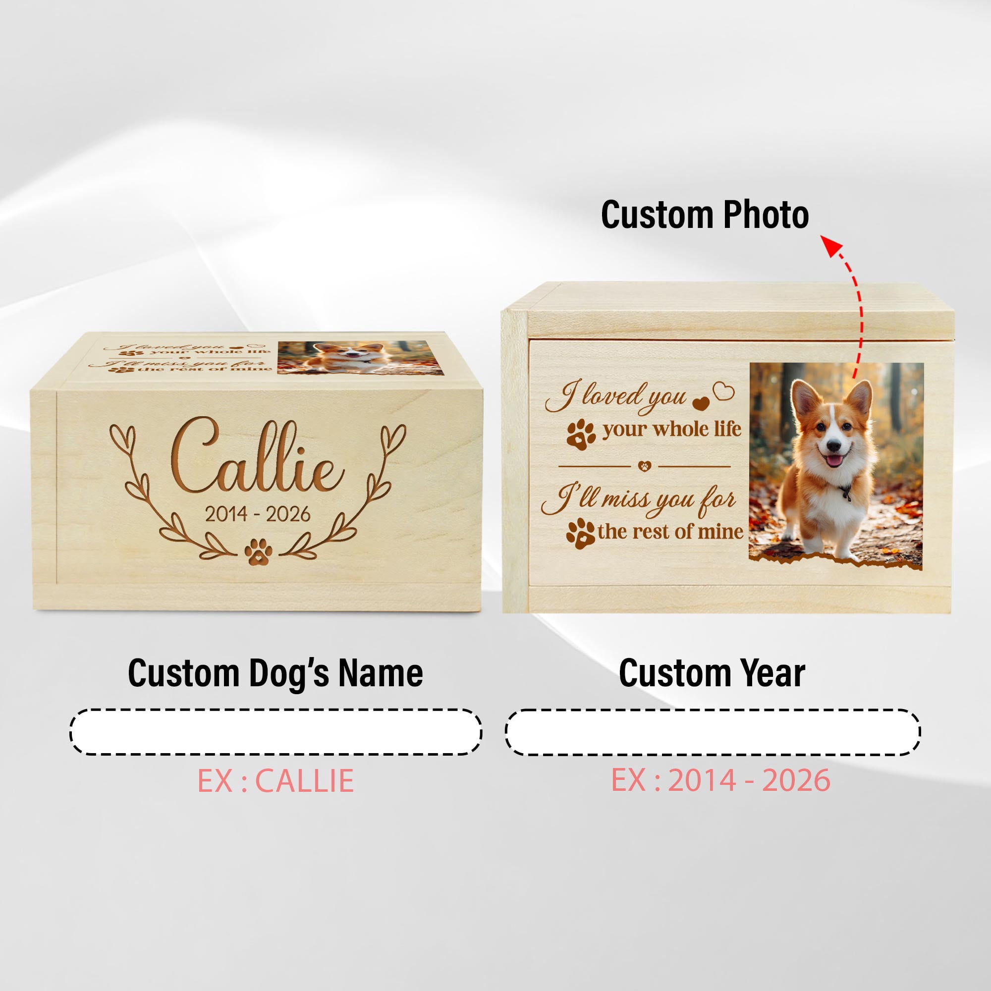 Personalized Wooden Dog Urn with Photo, “I Love You Your Whole Life, I Will Miss You The Rest Of Mine” Pet Memorial Box, Small Rectangular Cremation Urn for Dogs
