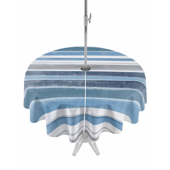 Outdoor Tablecloth with Umbrella Hole, Blue Nordic Style Stripes Spillproof Waterproof Outdoor Table Cover, Blue Gray Texture Patio Tablecloths for Party/Garden/Picnic, Round 54 inch