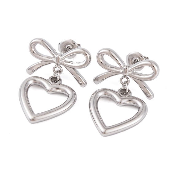 5 pair Non-Tarnish Bowknot 304 Stainless Steel Stud Earrings Heart Dangle Earrings for Women Stainless Steel color 29x19mm