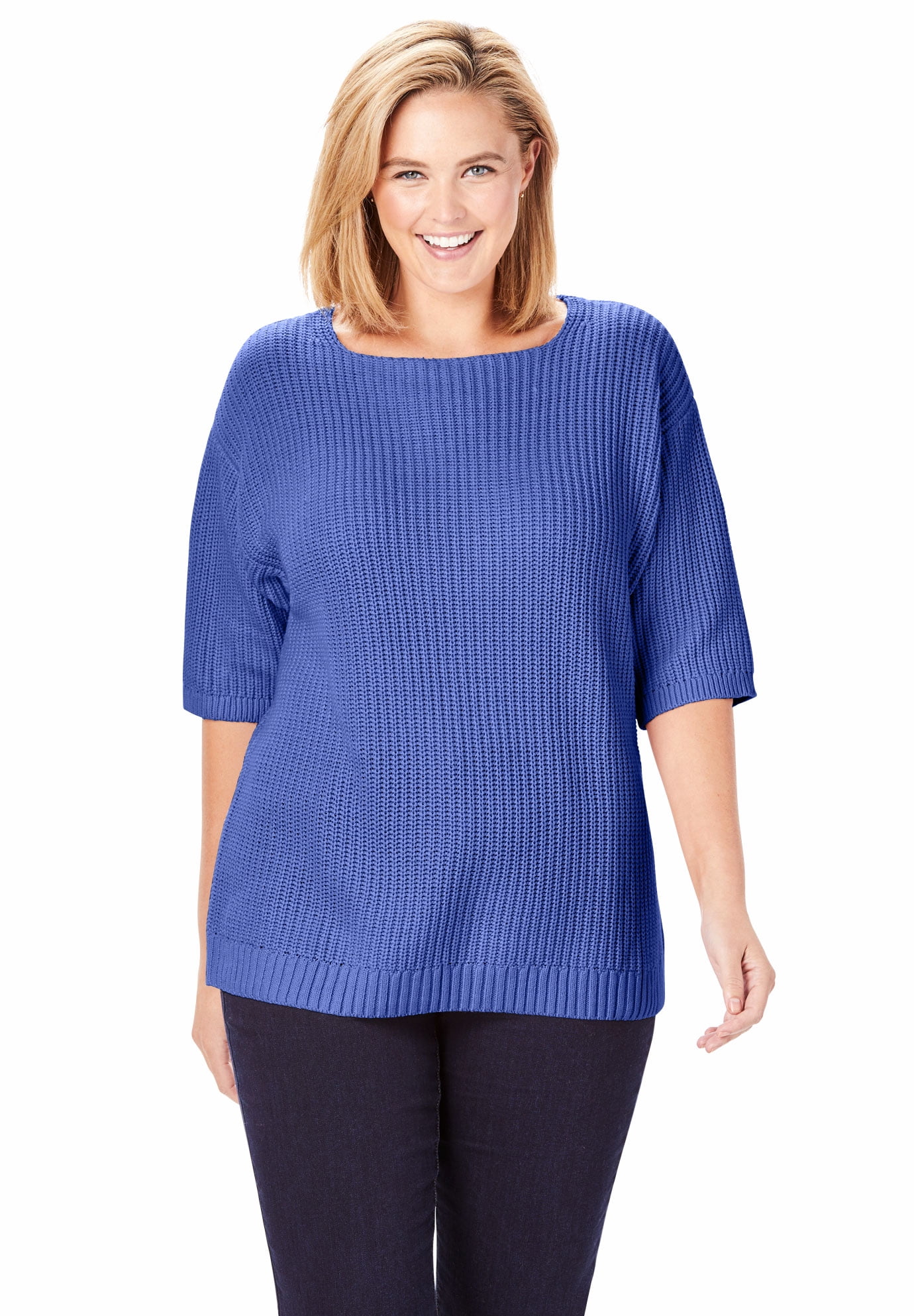 Woman Within - Woman Within Women's Plus Size Three-Quarter Sleeve Pullover Shaker Sweater 