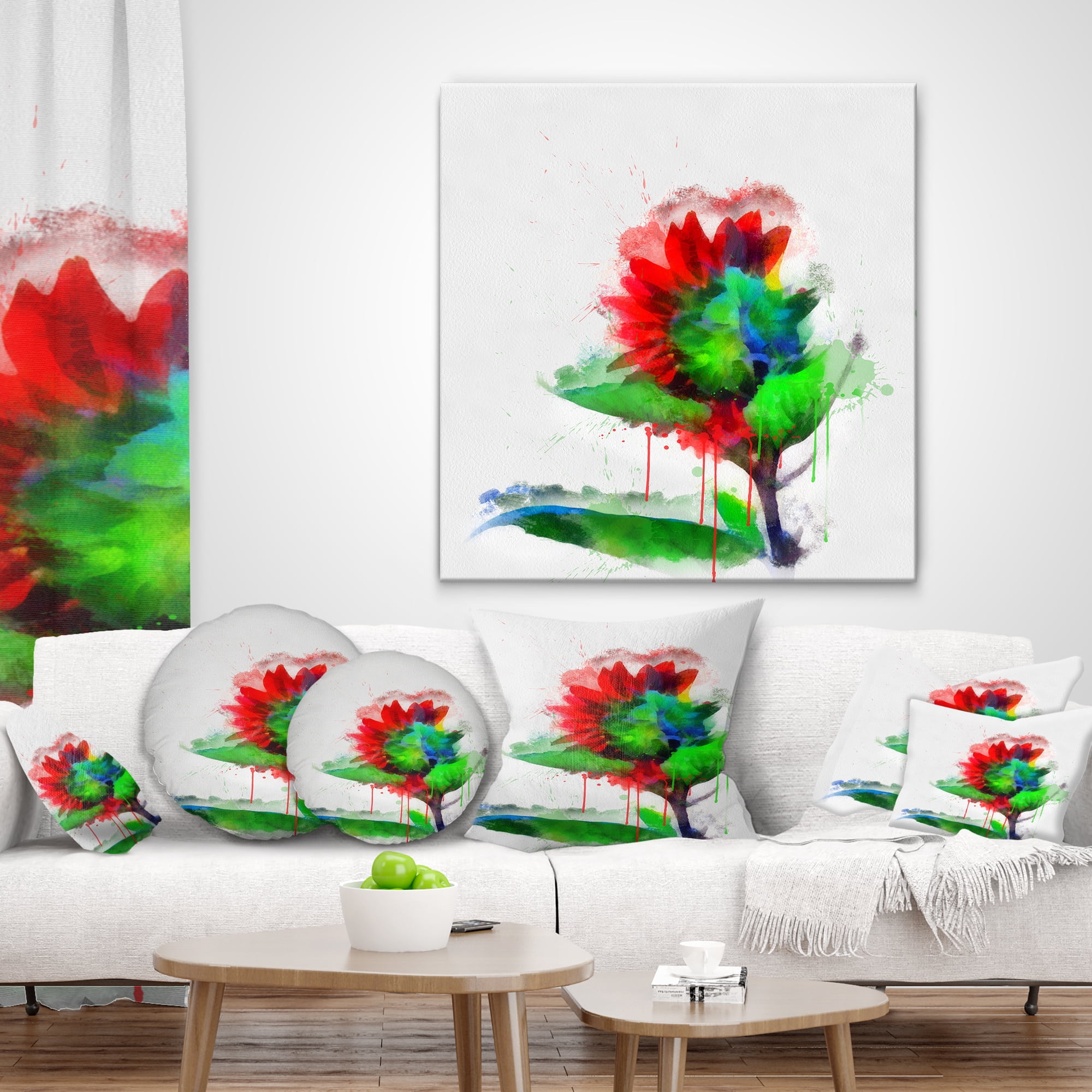 Designart Colorful Flower Stem with Splashes - Floral Throw Pillow - 18x18