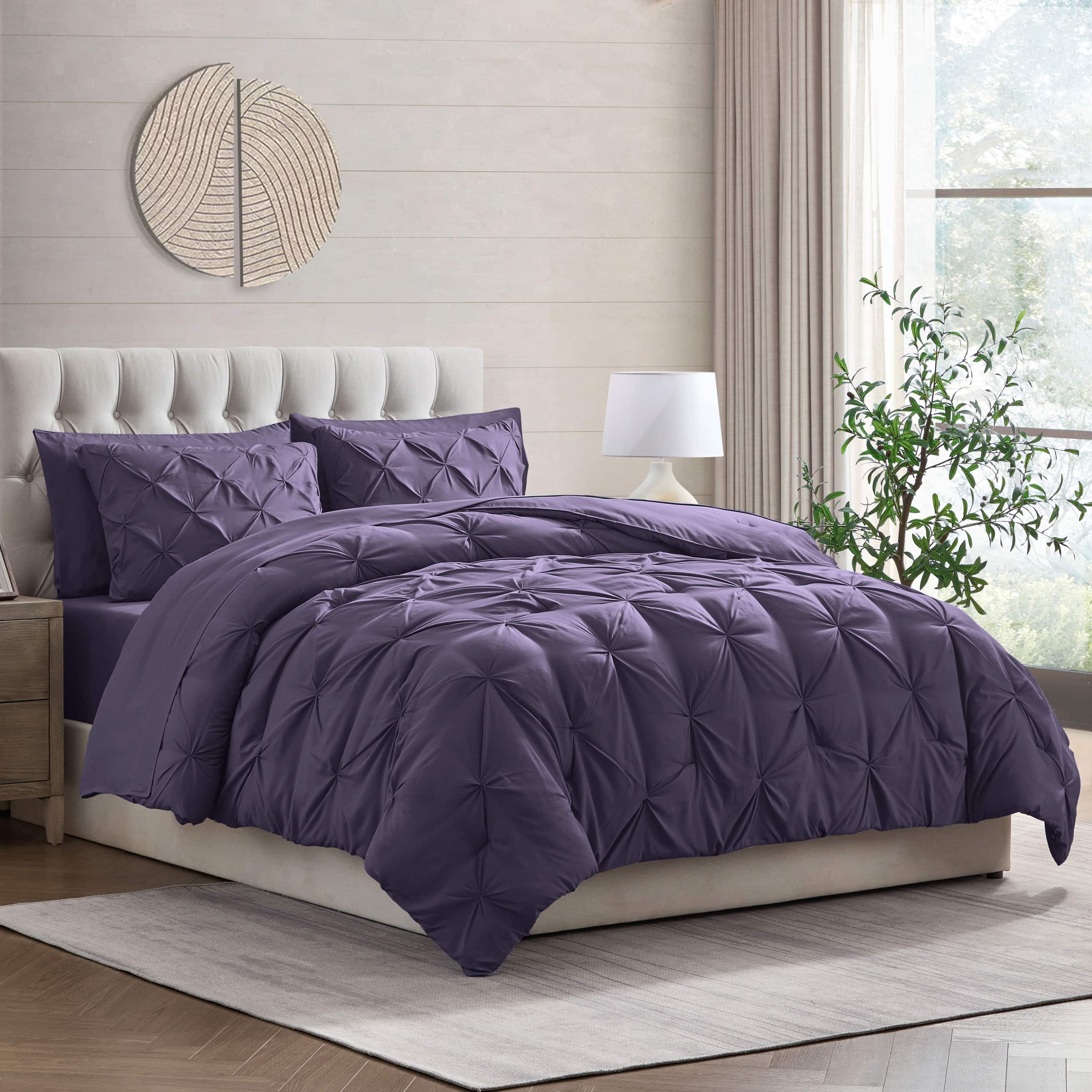 LammaLoe California King Size comforter Sets, 7 Piece Bed In A Bag Pintuck Bedding Sets, Purple