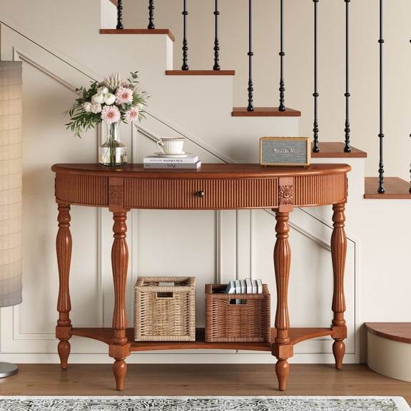 HAIXIAO Wood Half Moon Console Table With Drawer And Shelf, Vintage Curved Entryway Table For Hallway And Living Room,Rustic Brown