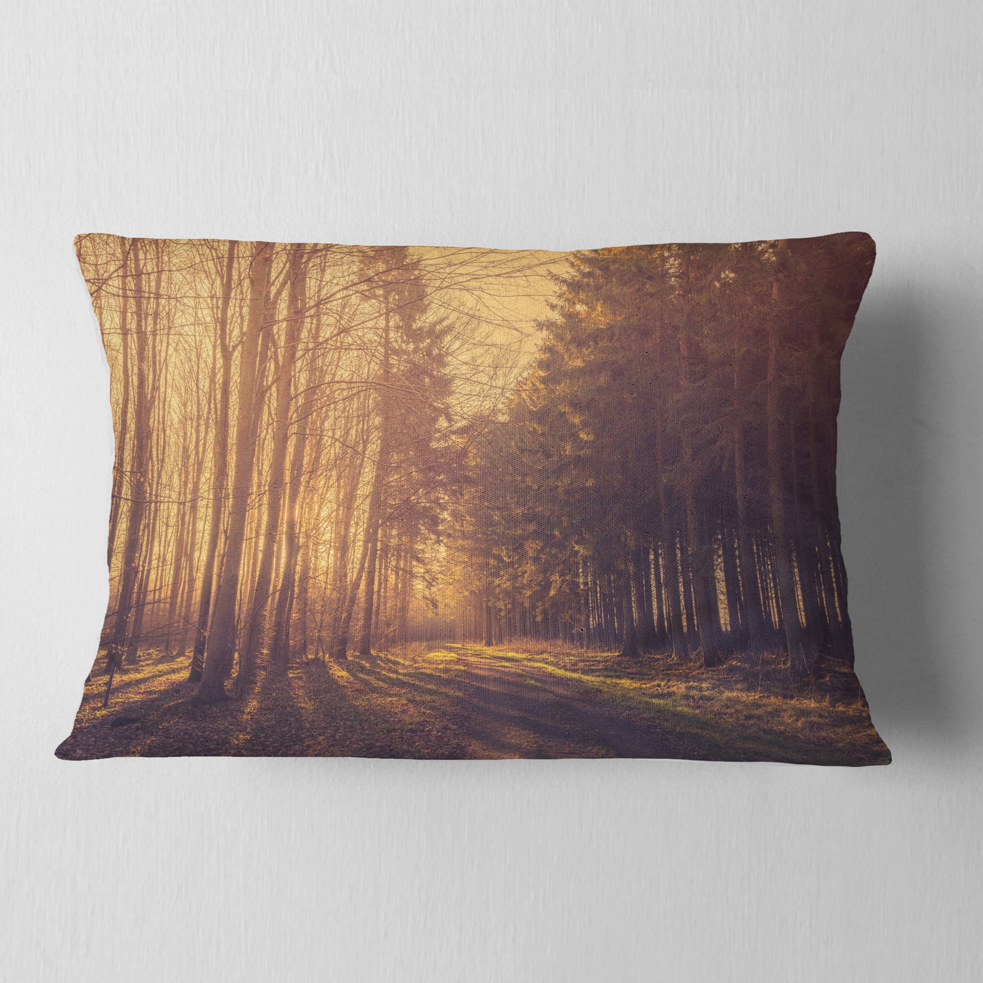 Designart Pine Tree Forest by Road - Landscape Photo Throw Pillow - 12x20