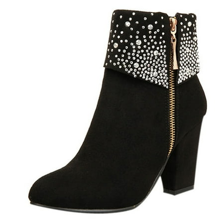 

CBGELRT Ankle Boots for Women Fashion Sparkly Rhinestone Heel Wedge Booties Large Size Suede Side Zipper Western Boots Shoes 38