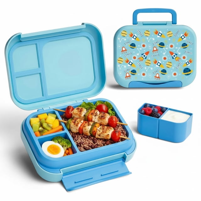Lonchera para niño tipo bento box, lunch box con 3 divisiones, sellado hermetico, anti fugaz, (Naves Espaciales)