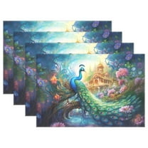 Peacock in Forest 4 PCs Placemats Set Linen Non-Slip Table Mat Rectangular Washable for Dining Kitchen Party 12"x18"